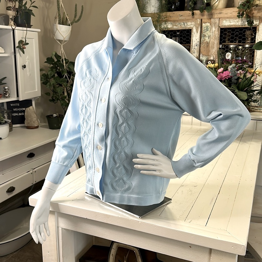 Vintage 1970s SILAN TREVIRA made in Italy, grandmacore baby blue cardigan sm - Picture 2 of 12